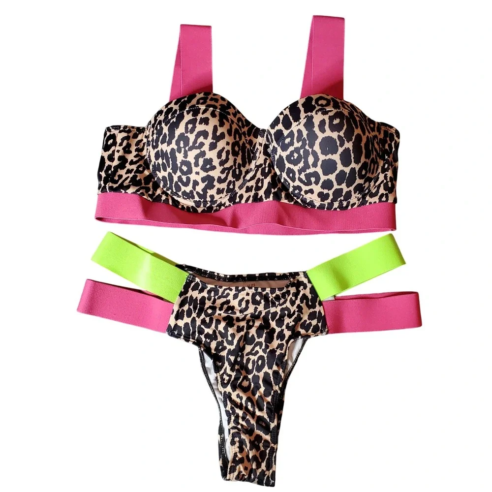 SHEIN Large Leopard Neon‎ Pink Green Bandage Strap Push Up Underwire Bikini